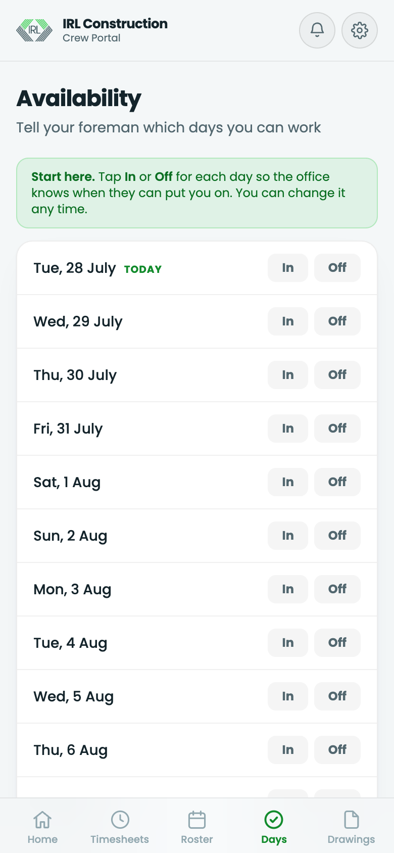 The availability screen, where crew mark the days they can work