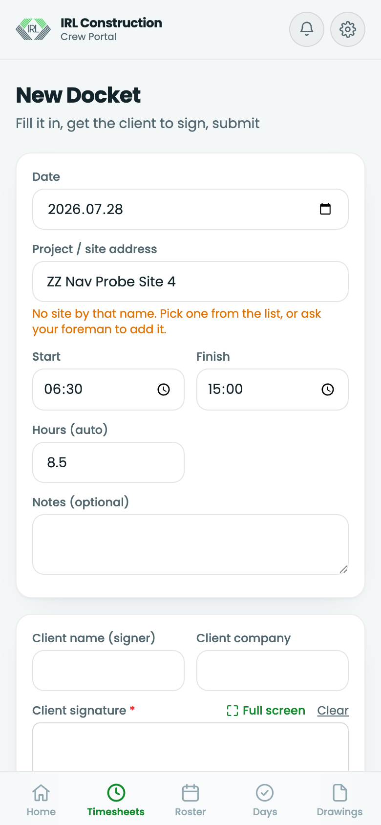 A docket being filled in on a phone, with photos and a signature